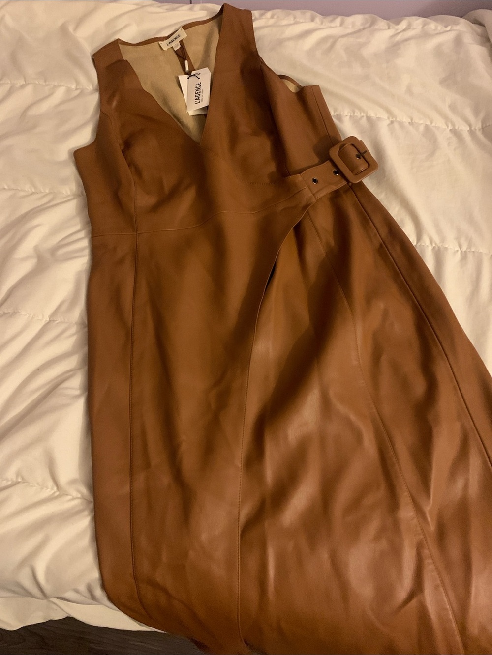 L'AGENCE Tan Faux-Leather Midi Dress with Side Buckle - Picture 4 of 8